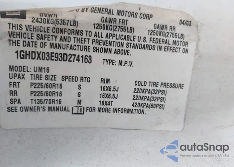 2003 Oldsmobile Silhouette Gl из США, поврежденный, VIN 1GHDX03E93D274163